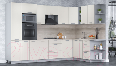 Кухонный гарнитур Интерлиния Мила Лайт 1.88x3.2 правая (персидский жемчуг/перс. жемчуг/травертин серый)