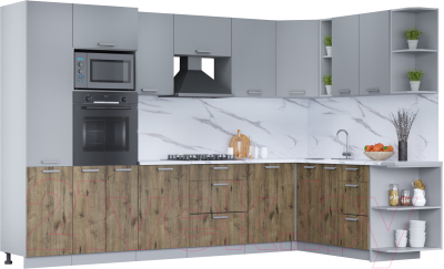 Кухонный гарнитур Интерлиния Мила Лайт 1.88x3.2 правая (серебро/дуб веллингтон/белый гранит) - фото