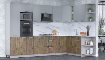 Кухонный гарнитур Интерлиния Мила Лайт 1.88x3.2 правая (серебро/дуб веллингтон/белый гранит)