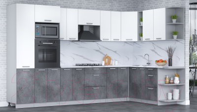 Кухонный гарнитур Интерлиния Мила Лайт 1.88x3.4 правая (белый платинум/бетон портленд/белый гранит)