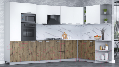 Кухонный гарнитур Интерлиния Мила Лайт 1.88x3.4 правая (белый платинум/дуб веллингтон/белый гранит)