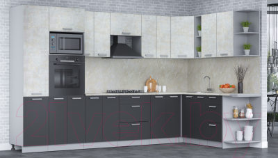 Кухонный гарнитур Интерлиния Мила Лайт 1.88x3.4 правая (бетон лайт/антрацит/опал светлый)