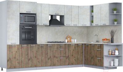 Кухонный гарнитур Интерлиния Мила Лайт 1.88x3.4 правая (бетон лайт/дуб веллингтон/опал светлый) - фото