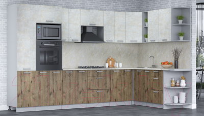 Кухонный гарнитур Интерлиния Мила Лайт 1.88x3.4 правая (бетон лайт/дуб веллингтон/опал светлый)