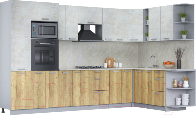 Кухонный гарнитур Интерлиния Мила Лайт 1.88x3.4 правая (бетон лайт/дуб золотой/опал светлый) - фото