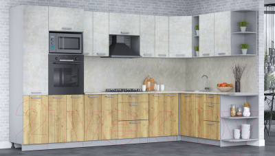 Кухонный гарнитур Интерлиния Мила Лайт 1.88x3.4 правая (бетон лайт/дуб золотой/опал светлый)