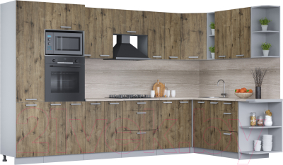 Кухонный гарнитур Интерлиния Мила Лайт 1.88x3.4 правая (дуб веллингтон/дуб веллингтон/травертин серый) - фото