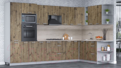 Кухонный гарнитур Интерлиния Мила Лайт 1.88x3.4 правая (дуб веллингтон/дуб веллингтон/травертин серый)