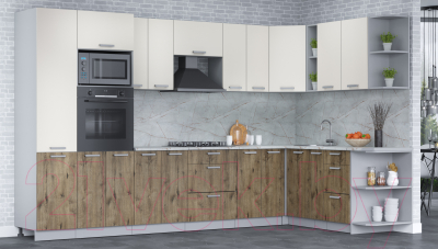 Кухонный гарнитур Интерлиния Мила Лайт 1.88x3.4 правая (персидский жемчуг/дуб веллингтон/серый каспий)