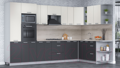 Кухонный гарнитур Интерлиния Мила Лайт 1.88x3.4 правая (персидский жемчуг/антрацит/травертин серый)