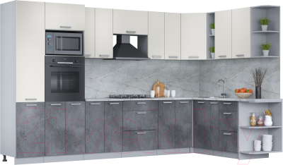 Кухонный гарнитур Интерлиния Мила Лайт 1.88x3.4 правая (персидский жемчуг/бетон портленд/серый каспий) - фото