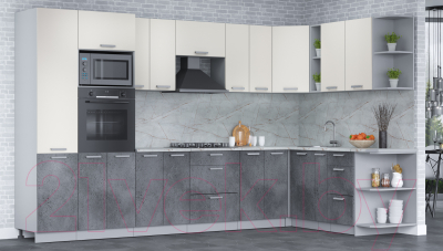 Кухонный гарнитур Интерлиния Мила Лайт 1.88x3.4 правая (персидский жемчуг/бетон портленд/серый каспий)