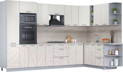 Кухонный гарнитур Интерлиния Мила Лайт 1.88x3.4 правая (персидский жемчуг/перс. жемчуг/травертин серый) - фото