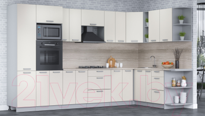 Кухонный гарнитур Интерлиния Мила Лайт 1.88x3.4 правая (персидский жемчуг/перс. жемчуг/травертин серый)