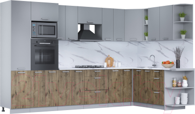 Кухонный гарнитур Интерлиния Мила Лайт 1.88x3.4 правая (серебро/дуб веллингтон/белый гранит) - фото