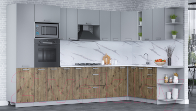 Кухонный гарнитур Интерлиния Мила Лайт 1.88x3.4 правая (серебро/дуб веллингтон/белый гранит)