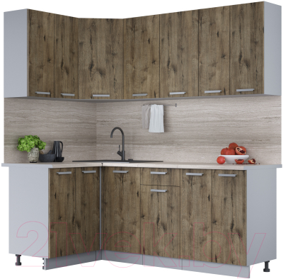 Кухонный гарнитур Интерлиния Мила Лайт 1.2x2.0 (дуб веллингтон/дуб веллингтон/травертин серый) - фото