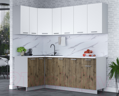 Кухонный гарнитур Интерлиния Мила Лайт 1.2x2.1 (белый платинум/дуб веллингтон/белый гранит)
