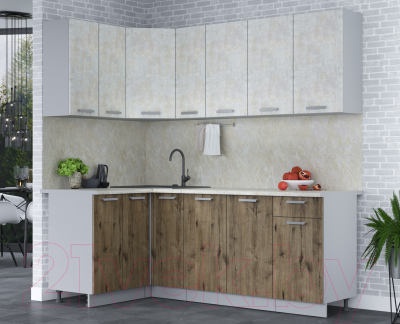 Кухонный гарнитур Интерлиния Мила Лайт 1.2x2.1 (бетон лайт/дуб веллингтон/опал светлый)