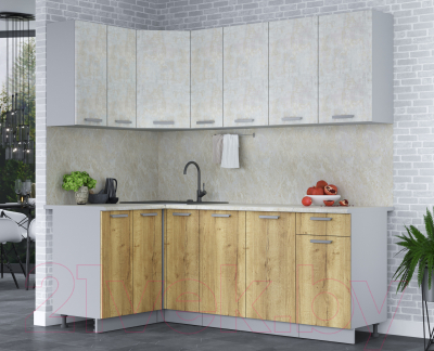 Кухонный гарнитур Интерлиния Мила Лайт 1.2x2.1 (бетон лайт/дуб золотой/опал светлый)