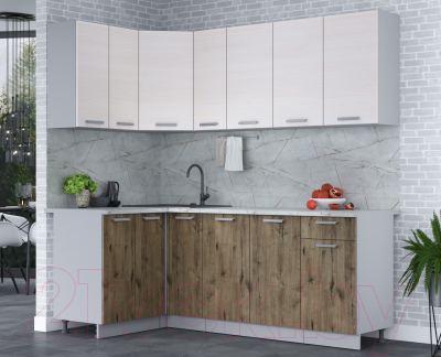 Кухонный гарнитур Интерлиния Мила Лайт 1.2x2.1 (вудлайн кремовый/дуб веллингтон/серый каспий)