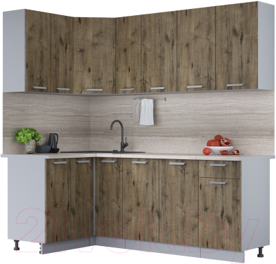 Кухонный гарнитур Интерлиния Мила Лайт 1.2x2.1 (дуб веллингтон/дуб веллингтон/травертин серый) - фото