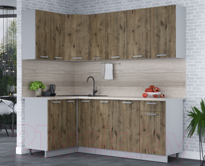 Кухонный гарнитур Интерлиния Мила Лайт 1.2x2.1 (дуб веллингтон/дуб веллингтон/травертин серый)