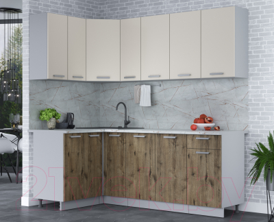 Кухонный гарнитур Интерлиния Мила Лайт 1.2x2.1 (персидский жемчуг/дуб веллингтон/серый каспий)