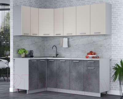 Кухонный гарнитур Интерлиния Мила Лайт 1.2x2.1 (персидский жемчуг/бетон портленд/серый каспий)