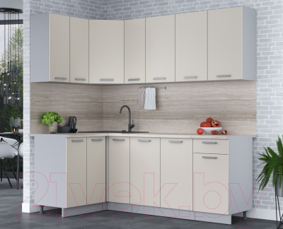 Кухонный гарнитур Интерлиния Мила Лайт 1.2x2.1 (персидский жемчуг/персидский жемчуг/травертин серый)