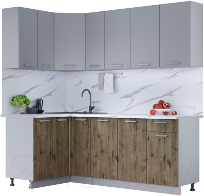 Кухонный гарнитур Интерлиния Мила Лайт 1.2x2.1 (серебро/дуб веллингтон/белый гранит) - фото
