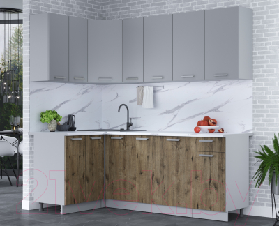 Кухонный гарнитур Интерлиния Мила Лайт 1.2x2.1 (серебро/дуб веллингтон/белый гранит)