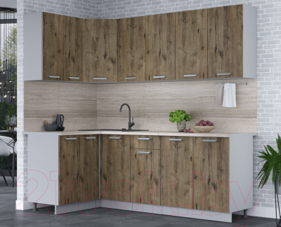 Кухонный гарнитур Интерлиния Мила Лайт 1.2x2.2 (дуб веллингтон/дуб веллингтон/травертин серый)