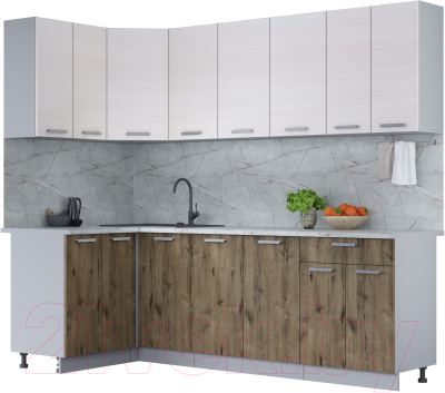 Кухонный гарнитур Интерлиния Мила Лайт 1.2x2.4 (вудлайн кремовый/дуб веллингтон/серый каспий) - фото