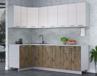 Кухонный гарнитур Интерлиния Мила Лайт 1.2x2.4 (вудлайн кремовый/дуб веллингтон/серый каспий)