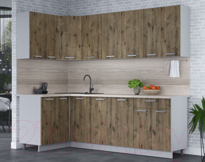 Кухонный гарнитур Интерлиния Мила Лайт 1.2x2.4 (дуб веллингтон/дуб веллингтон/травертин серый)