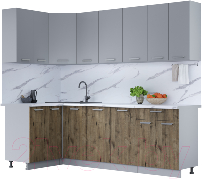 Кухонный гарнитур Интерлиния Мила Лайт 1.2x2.4 (серебро/дуб веллингтон/белый гранит) - фото
