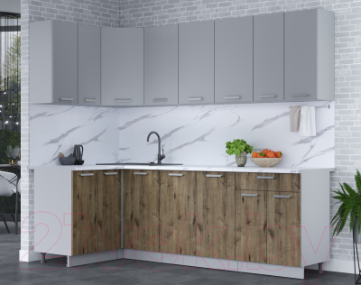 Кухонный гарнитур Интерлиния Мила Лайт 1.2x2.4 (серебро/дуб веллингтон/белый гранит)