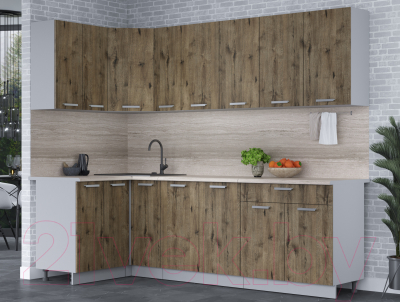 Кухонный гарнитур Интерлиния Мила Лайт 1.2x2.5 (дуб веллингтон/дуб веллингтон/травертин серый)