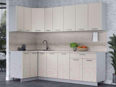 Кухонный гарнитур Интерлиния Мила Лайт 1.2x2.5 (персидский жемчуг/персидский жемчуг/травертин серый)