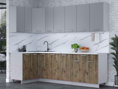 Кухонный гарнитур Интерлиния Мила Лайт 1.2x2.5 (серебро/дуб веллингтон/белый гранит)