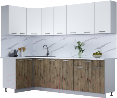Кухонный гарнитур Интерлиния Мила Лайт 1.2x2.6 (белый платинум/дуб веллингтон/белый гранит) - фото