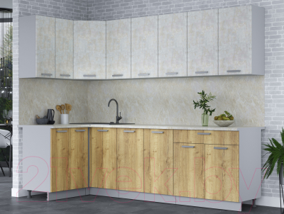 Кухонный гарнитур Интерлиния Мила Лайт 1.2x2.6 (бетон лайт/дуб золотой/опал светлый)