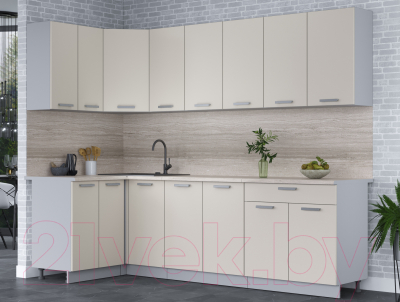 Кухонный гарнитур Интерлиния Мила Лайт 1.2x2.6 (персидский жемчуг/персидский жемчуг/травертин серый)