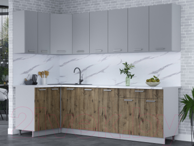 Кухонный гарнитур Интерлиния Мила Лайт 1.2x2.6 (серебро/дуб веллингтон/белый гранит)