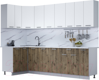 Кухонный гарнитур Интерлиния Мила Лайт 1.2x2.7 (белый платинум/дуб веллингтон/белый гранит) - фото
