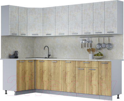 Кухонный гарнитур Интерлиния Мила Лайт 1.2x2.7 (бетон лайт/дуб золотой/опал светлый) - фото