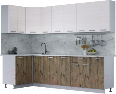 Кухонный гарнитур Интерлиния Мила Лайт 1.2x2.7 (вудлайн кремовый/дуб веллингтон/серый каспий) - фото