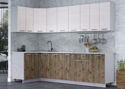 Кухонный гарнитур Интерлиния Мила Лайт 1.2x2.7 (вудлайн кремовый/дуб веллингтон/серый каспий)