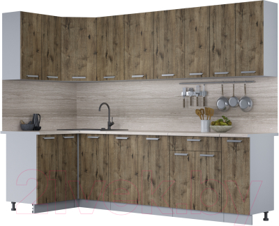 Кухонный гарнитур Интерлиния Мила Лайт 1.2x2.7 (дуб веллингтон/дуб веллингтон/травертин серый) - фото